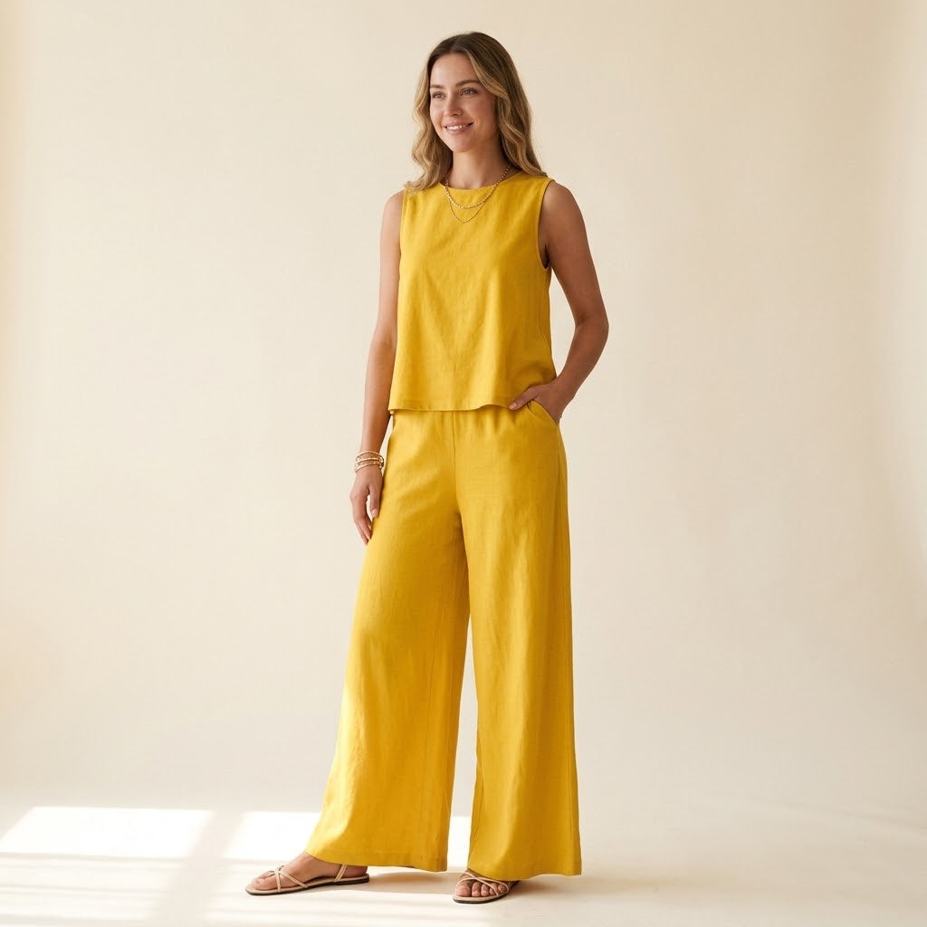 Woman wearing Drapelia sleeveless top and wide pants set in a solid color