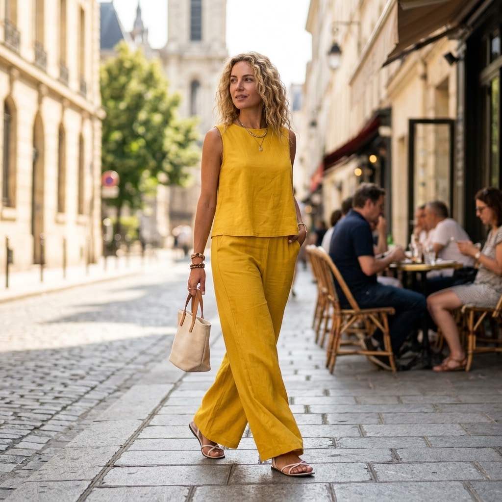 Woman wearing Drapelia sleeveless top and wide pants set in a solid color
