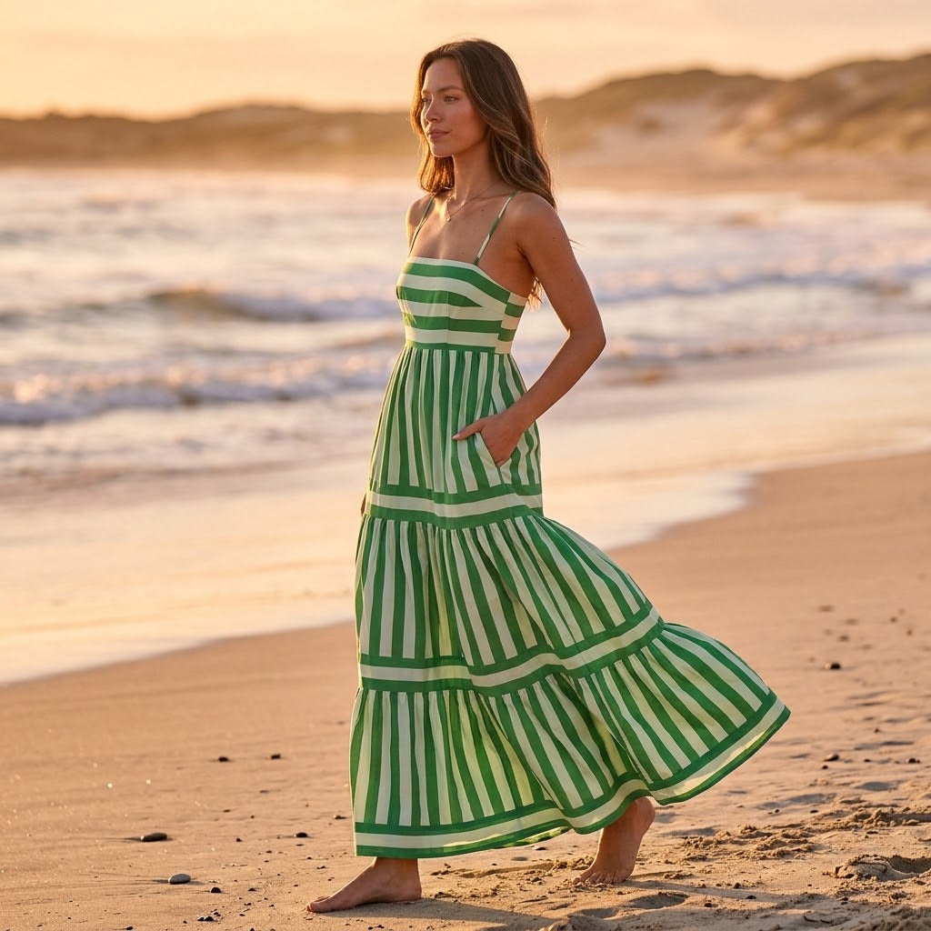Woman wearing Drapelia striped square neck maxi dress with pockets