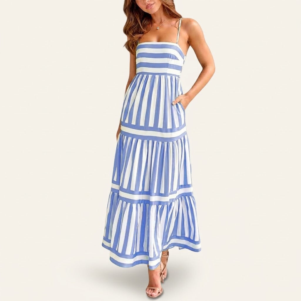 Woman wearing Drapelia striped square neck maxi dress with pockets