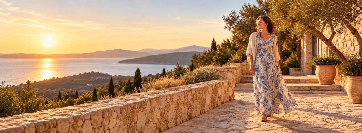 A woman in a flowing blue floral maxi dress walks along a sunlit stone path beside a sea view at sunset, with trees, terracotta pots, and a stone wall in the background.