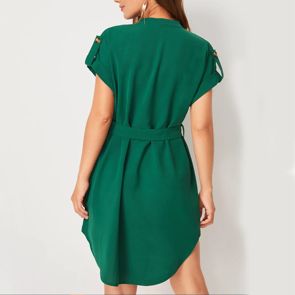 Woman wearing Drapelia V-neck short sleeve dress with bow belt