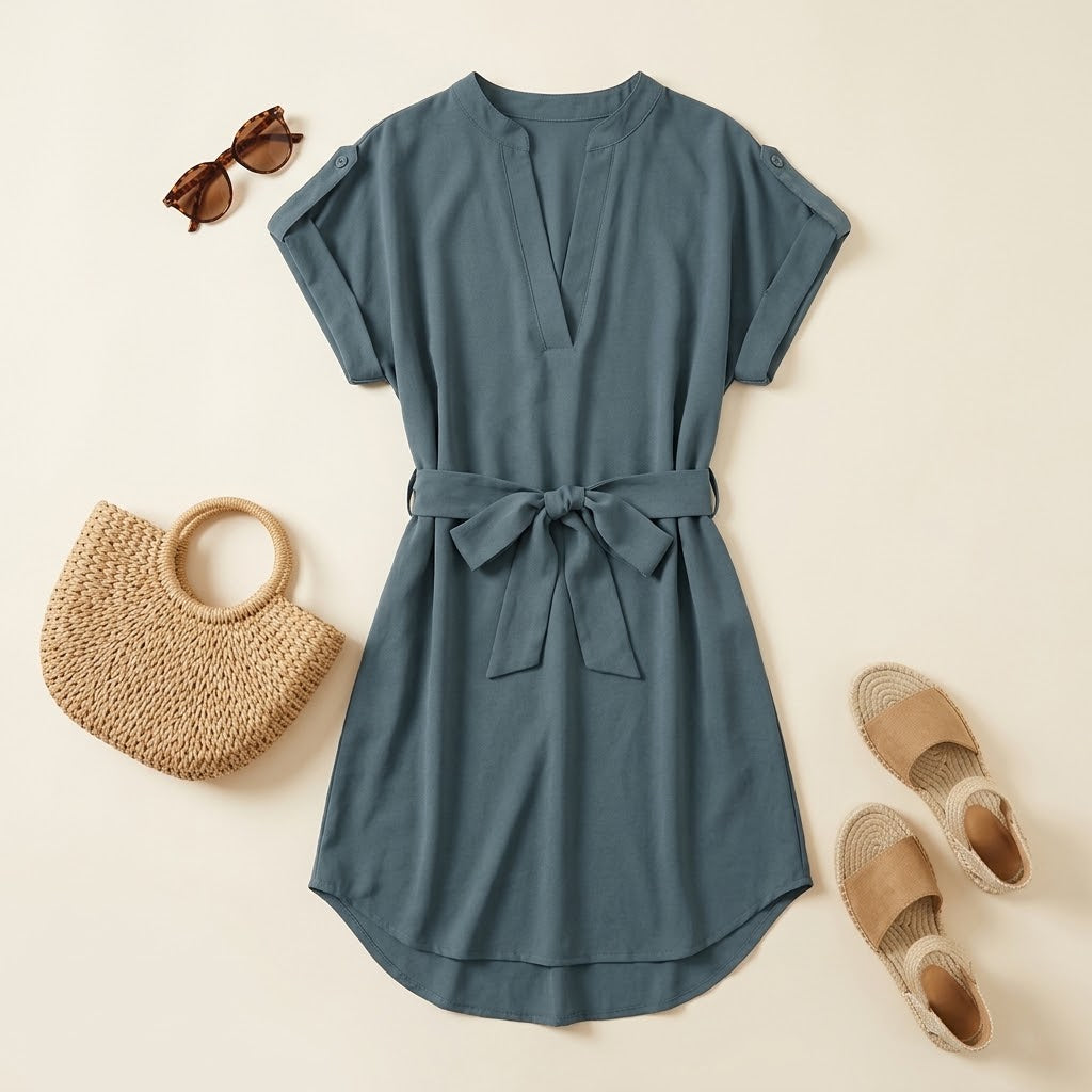Woman wearing Drapelia V-neck short sleeve dress with bow belt