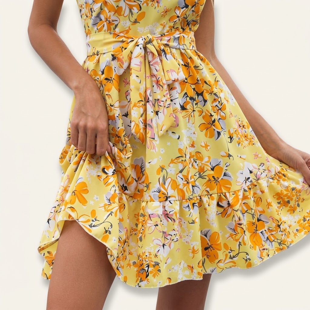 Woman wearing Drapelia floral halter ruffle dress with lace-up neckline