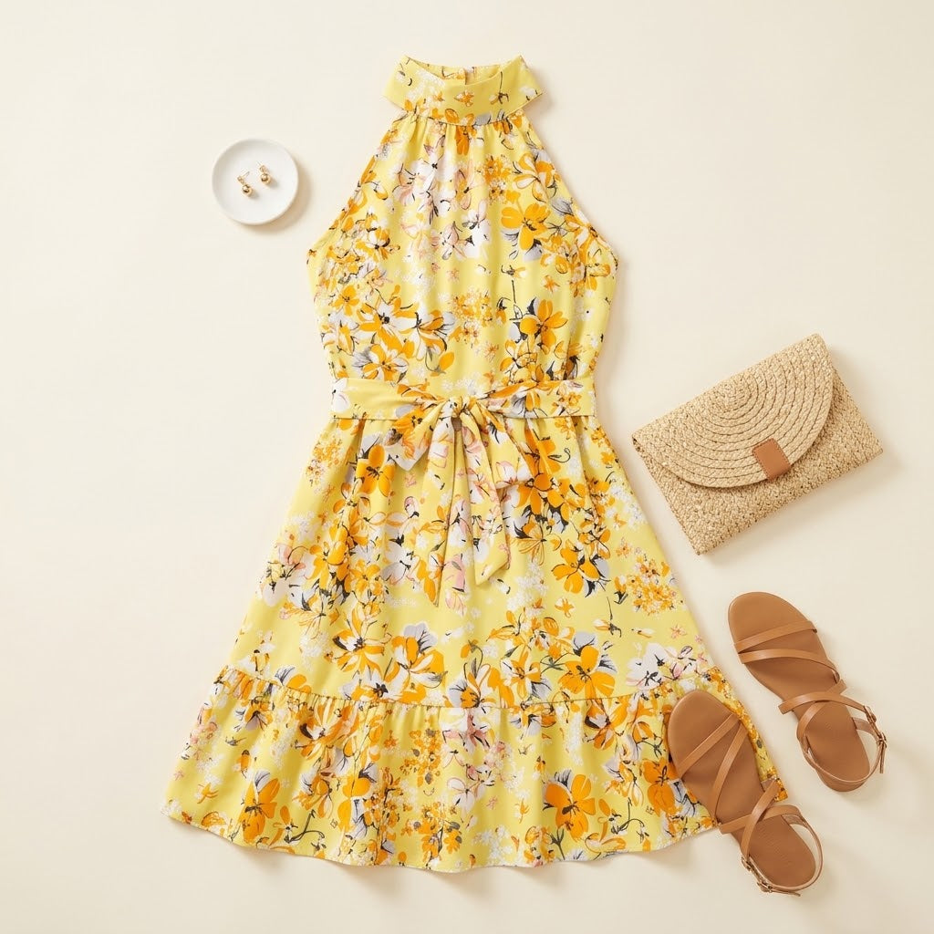 Woman wearing Drapelia floral halter ruffle dress with lace-up neckline