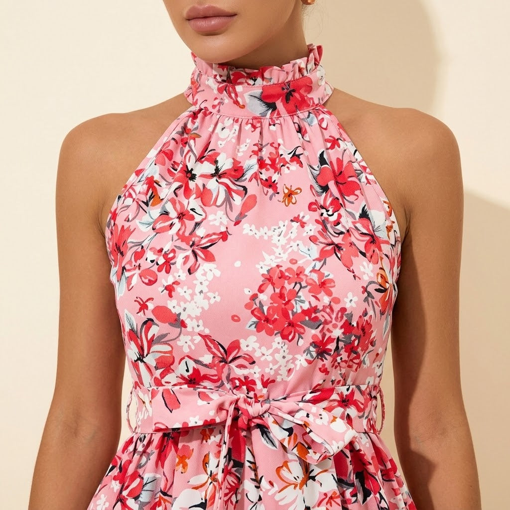 Woman wearing Drapelia floral halter ruffle dress with lace-up neckline