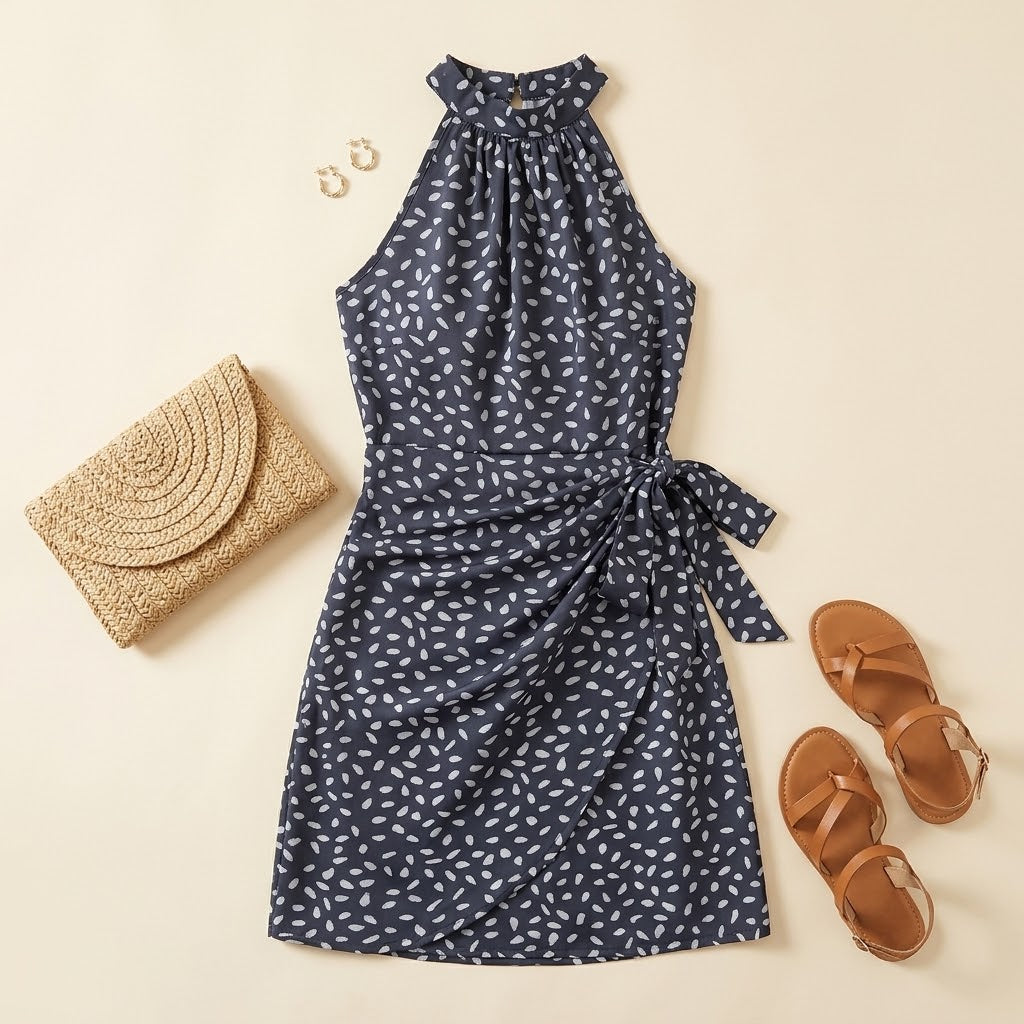 Woman wearing Drapelia floral halter tie-waist dress in a summer print