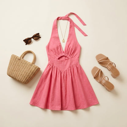 Woman wearing Drapelia halter backless mini sundress with cutout detail