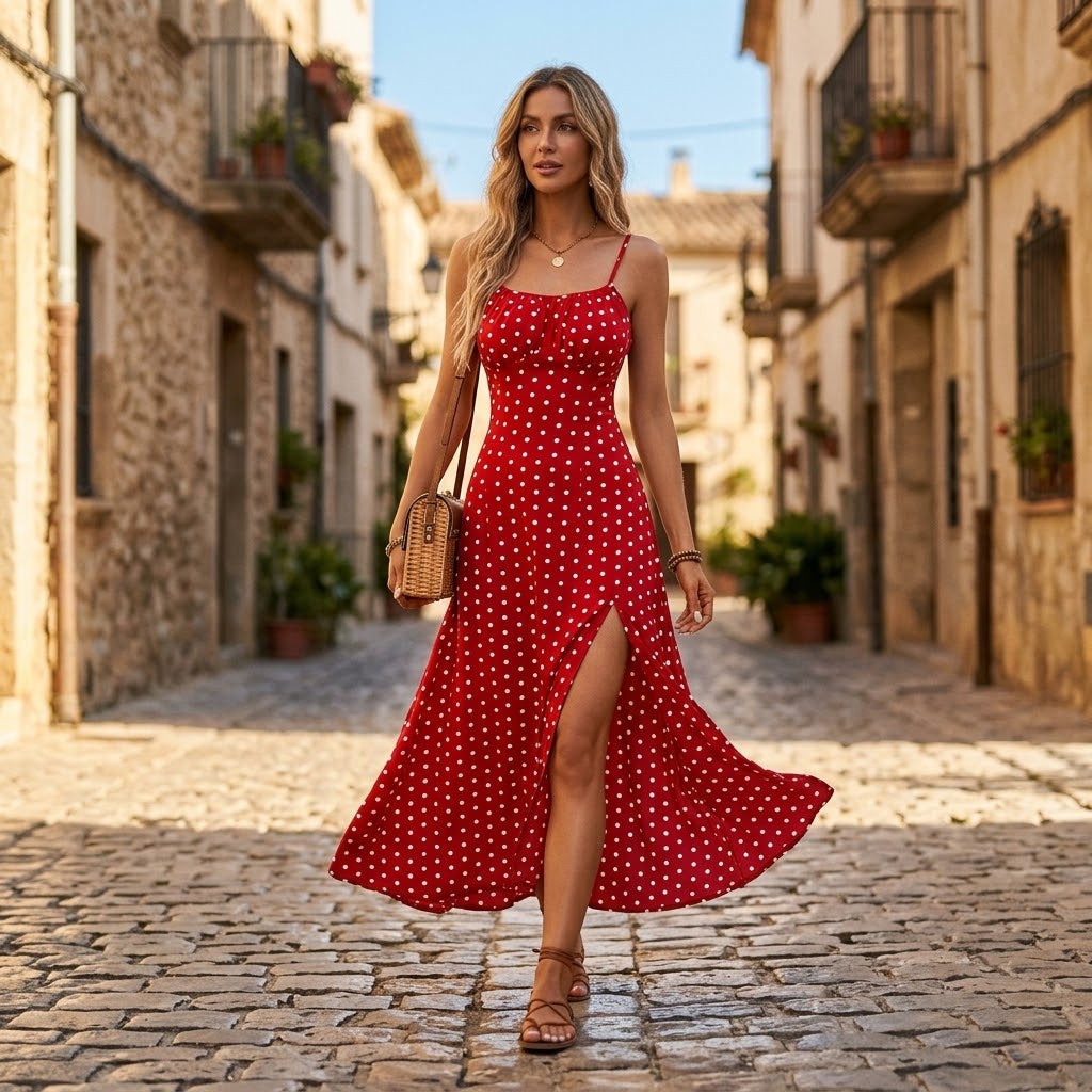 Woman wearing Drapelia polka dot slip maxi dress with side slit
