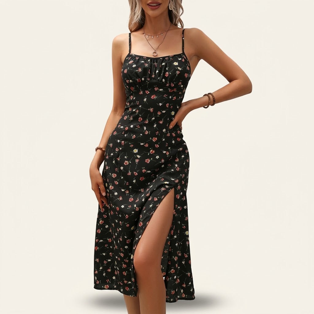 Woman wearing Drapelia polka dot slip maxi dress with side slit