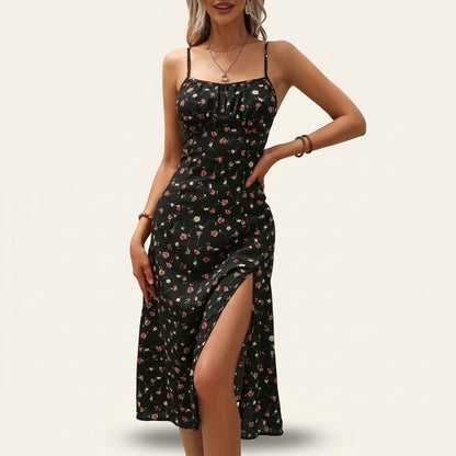 Woman wearing Drapelia polka dot slip maxi dress with side slit