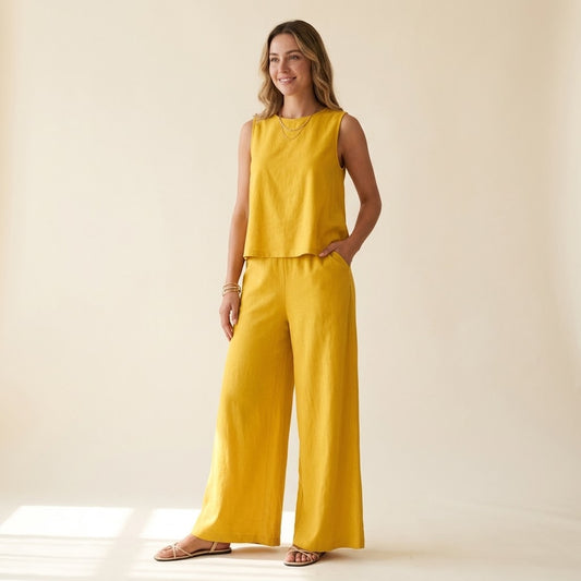 Woman wearing Drapelia sleeveless top and wide pants set in a solid color