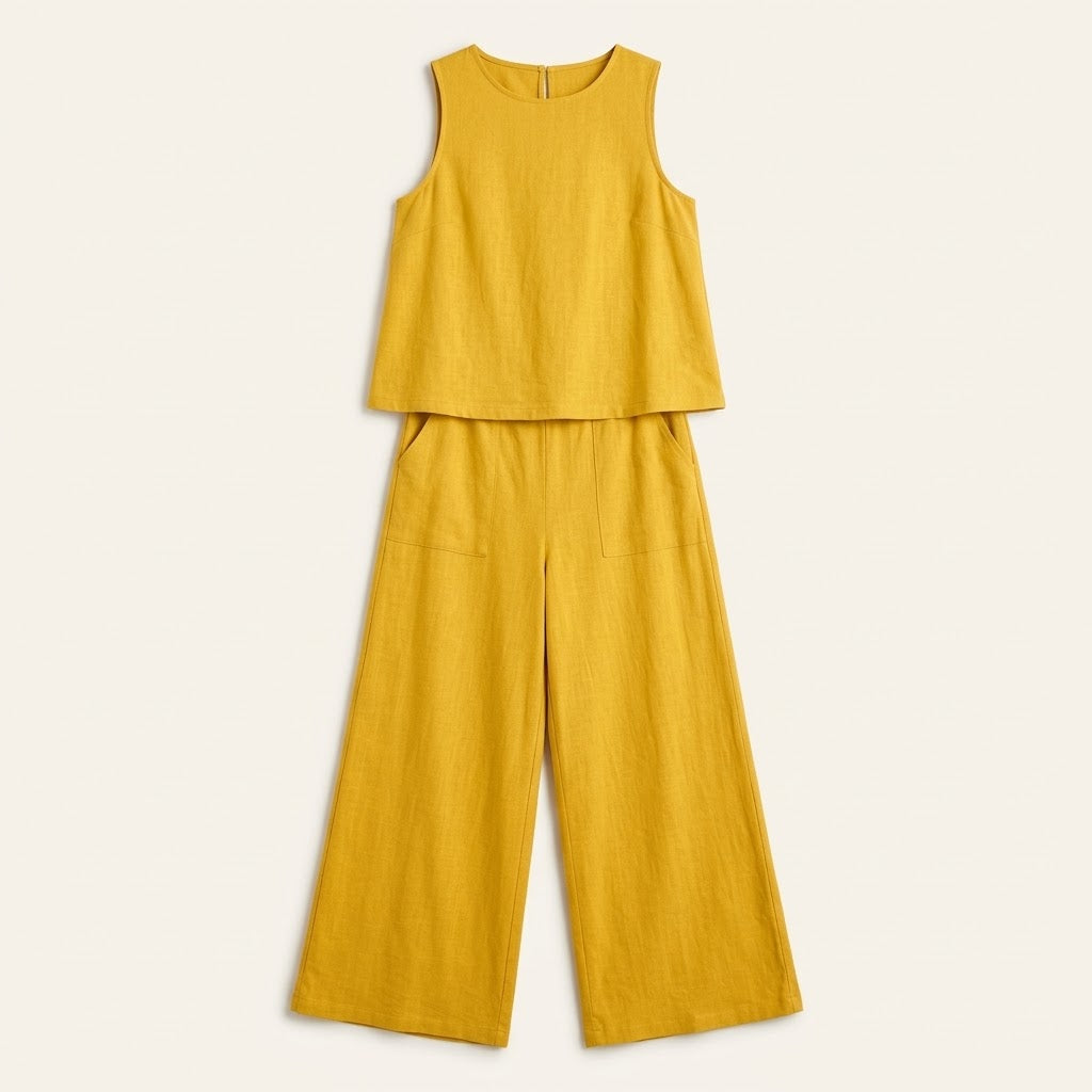 Woman wearing Drapelia sleeveless top and wide pants set in a solid color