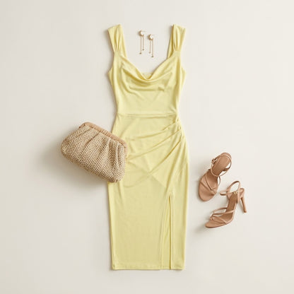 Woman wearing Drapelia slim sleeveless backless slit dress with back tie