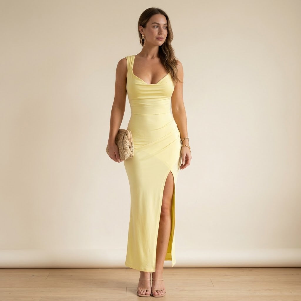 Woman wearing Drapelia slim sleeveless backless slit dress with back tie