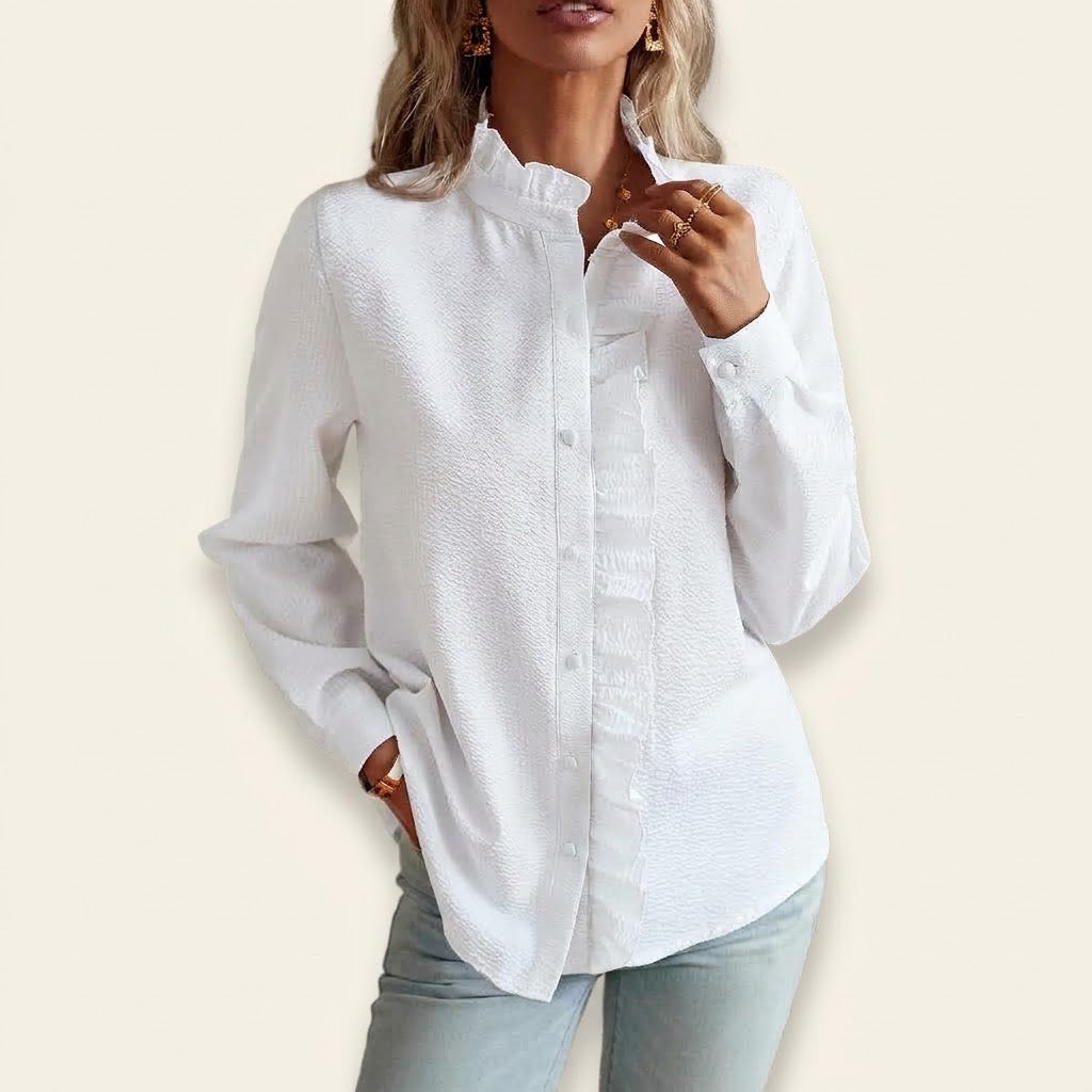 Woman wearing Drapelia striped ruffle button-up blouse with long sleeves