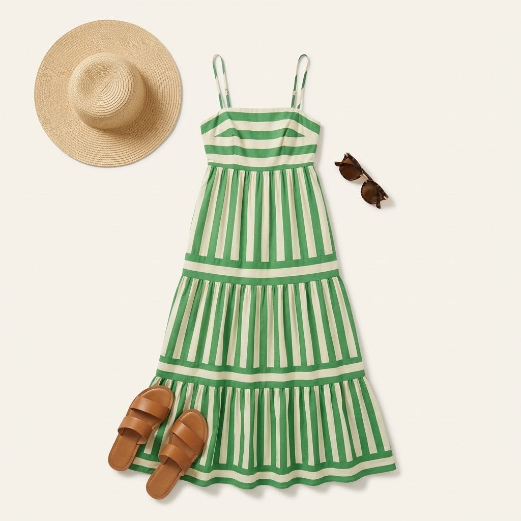 Woman wearing Drapelia striped square neck maxi dress with pockets