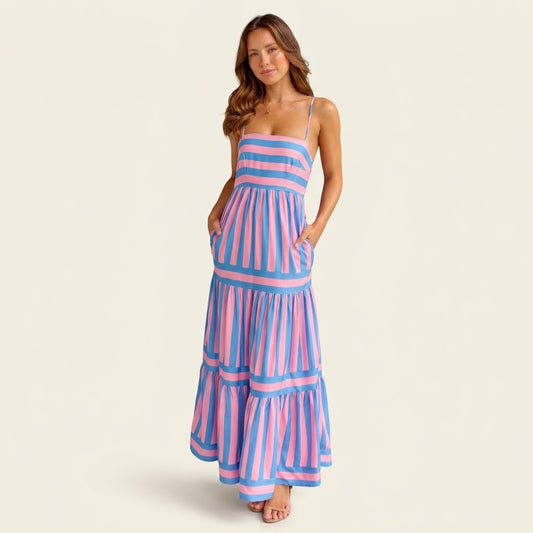 Woman wearing Drapelia striped square neck maxi dress with pockets