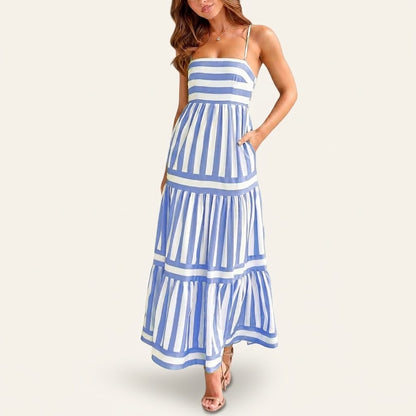 Woman wearing Drapelia striped square neck maxi dress with pockets
